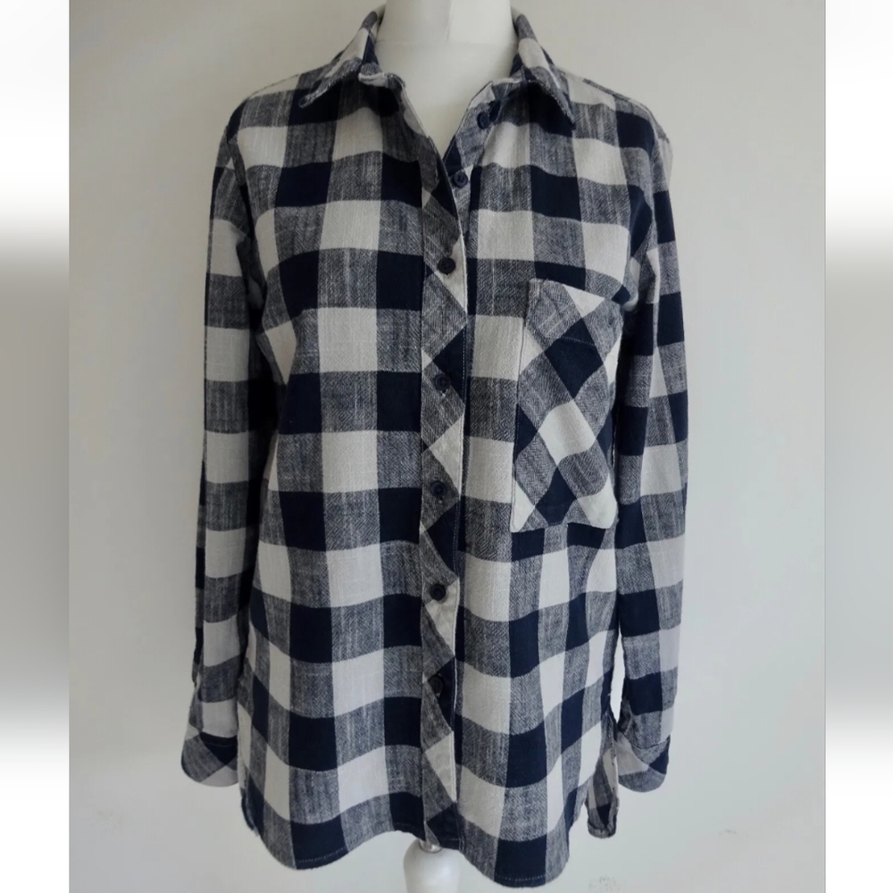 Next 12 shirt top casual cotton step hem boxy relaxed check long sleeved blue - Picture 1 of 12